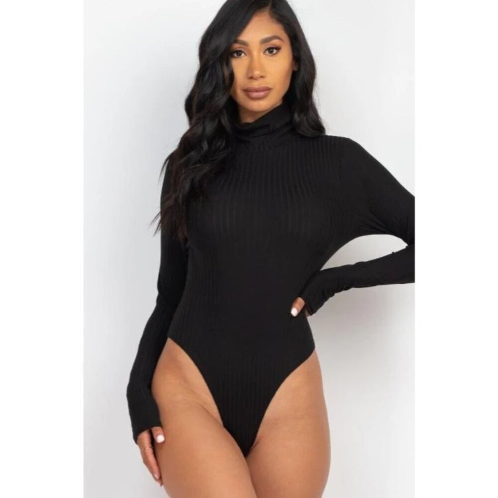 Cappella Black Ribbed Turtle Neck Long Sleeve Bodysuit - Size L, NWT